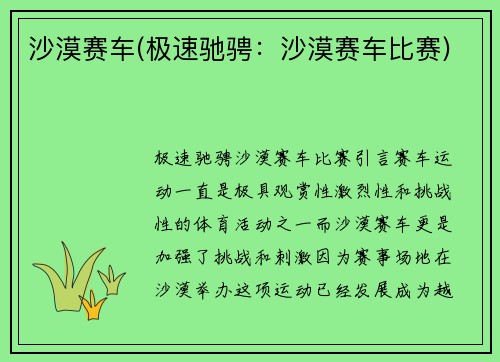 沙漠赛车(极速驰骋：沙漠赛车比赛)